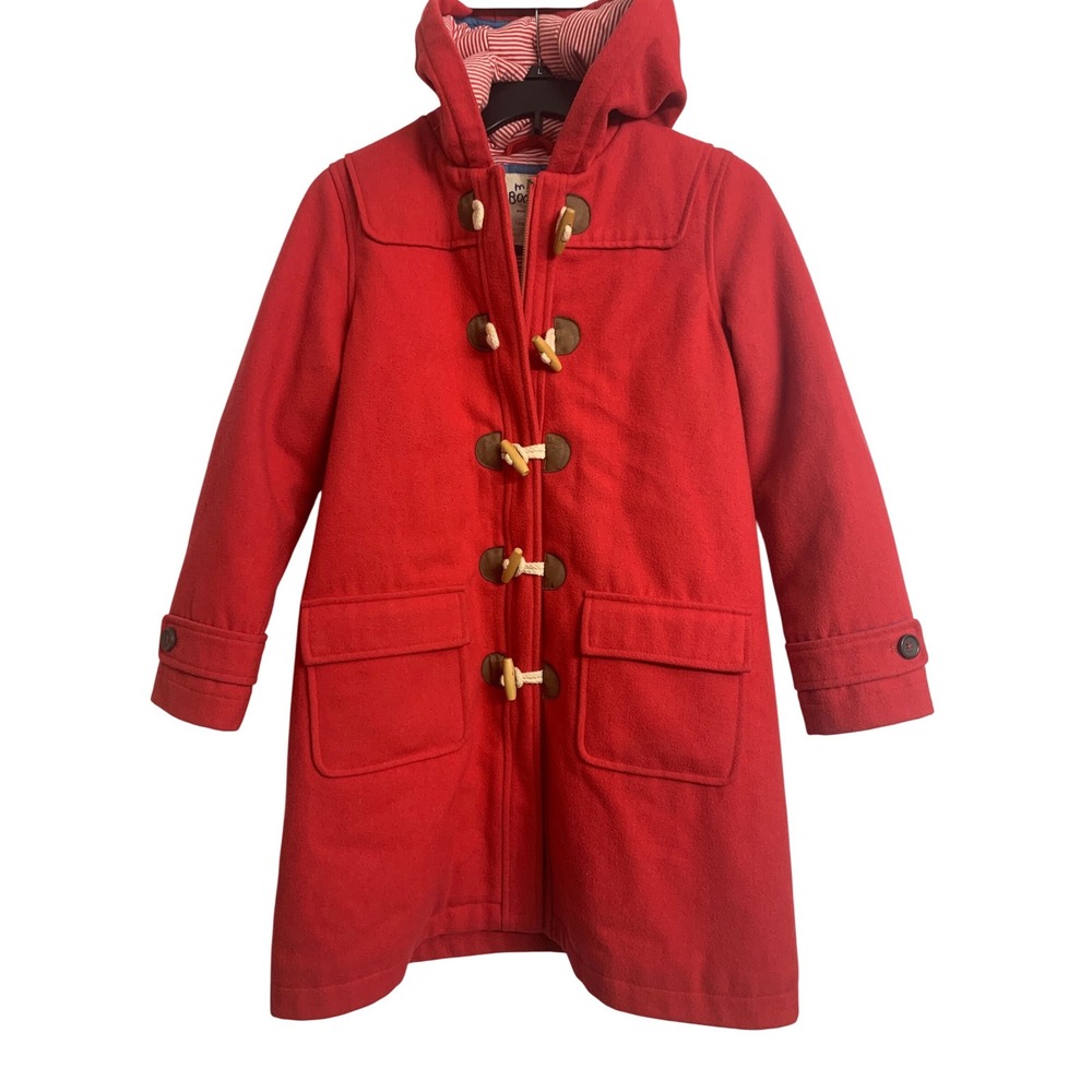 Mini Boden Girls Red Wool Blend Hooded Duffle Coat Toggle Zip 11-12Y